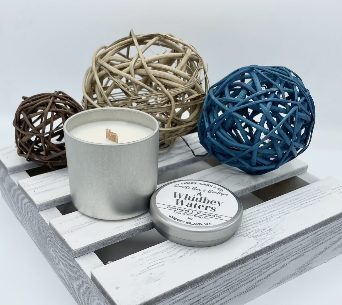 Whidbey Waters (Lavender Driftwood) scented soy candle in 4oz silver tin container with wooden wick