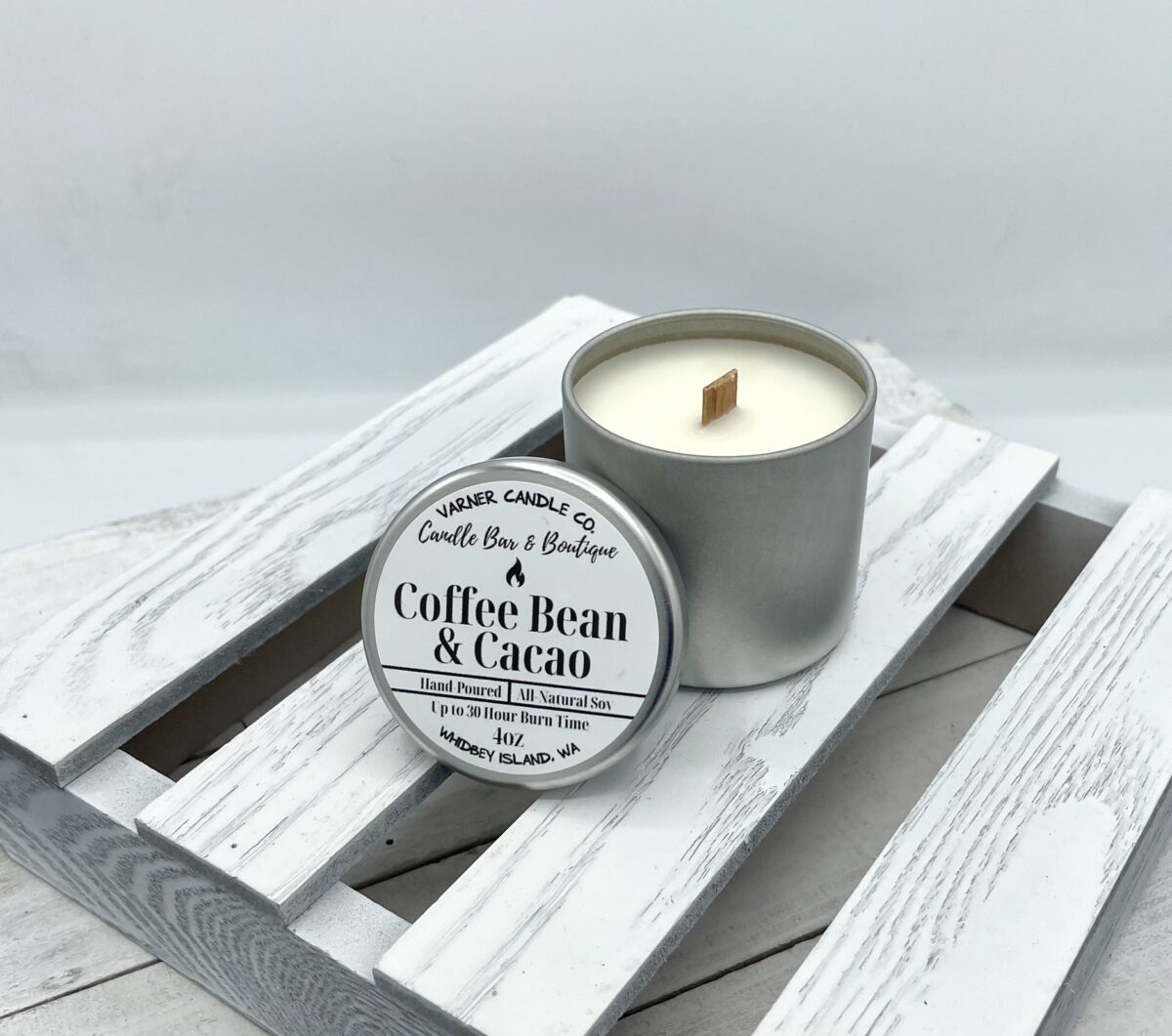 Coffee & Cacao Bean scented candle in 4oz silver tin with wooden wick