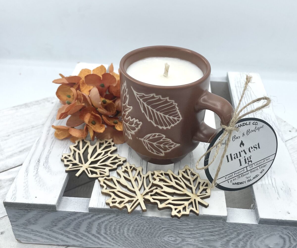 Mini brown ceramic mug with harvest fig scented soy wax and cotton wick