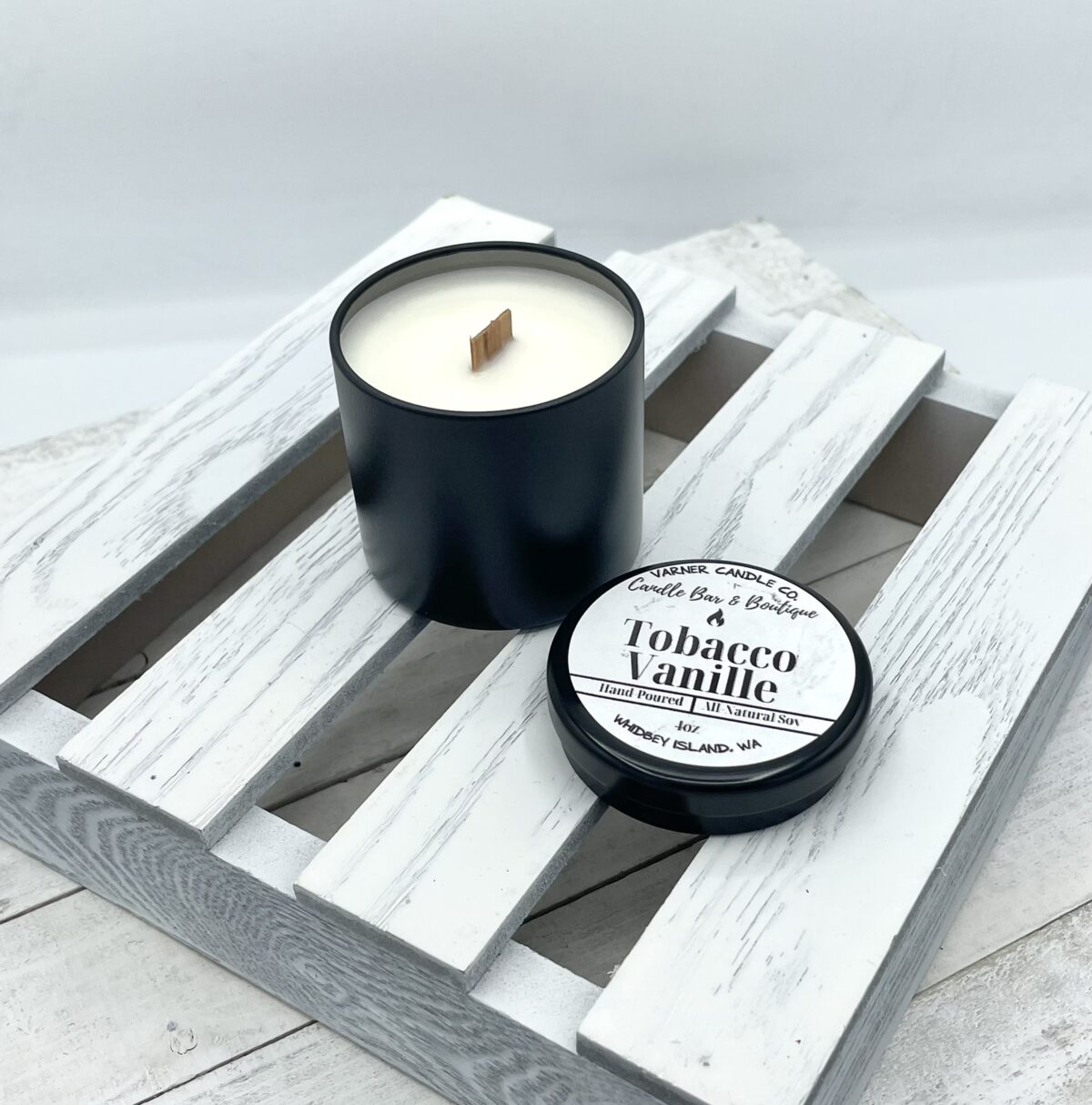 Tobacco Vanille (Tom Ford Type) scented soy candle in 9oz black tin with wooden wick